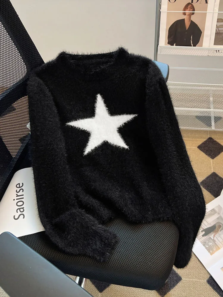 Korean Fashion Simple Black Knitted Pullovers Casual O-Neck Jumper Classical Star Print Sweater Gothic Autumn Winter High Street