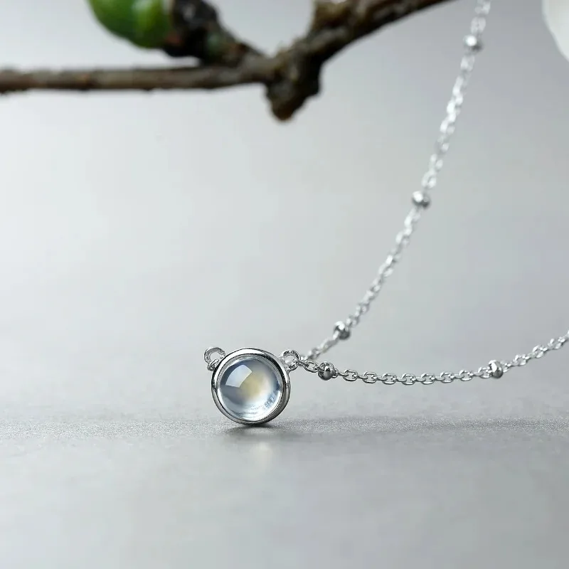 High Quality 925 Sterling Silver Natural Moon Stone Necklace Women Jewelry Girls Round Cute Moonlight Pendant with Chain Gift