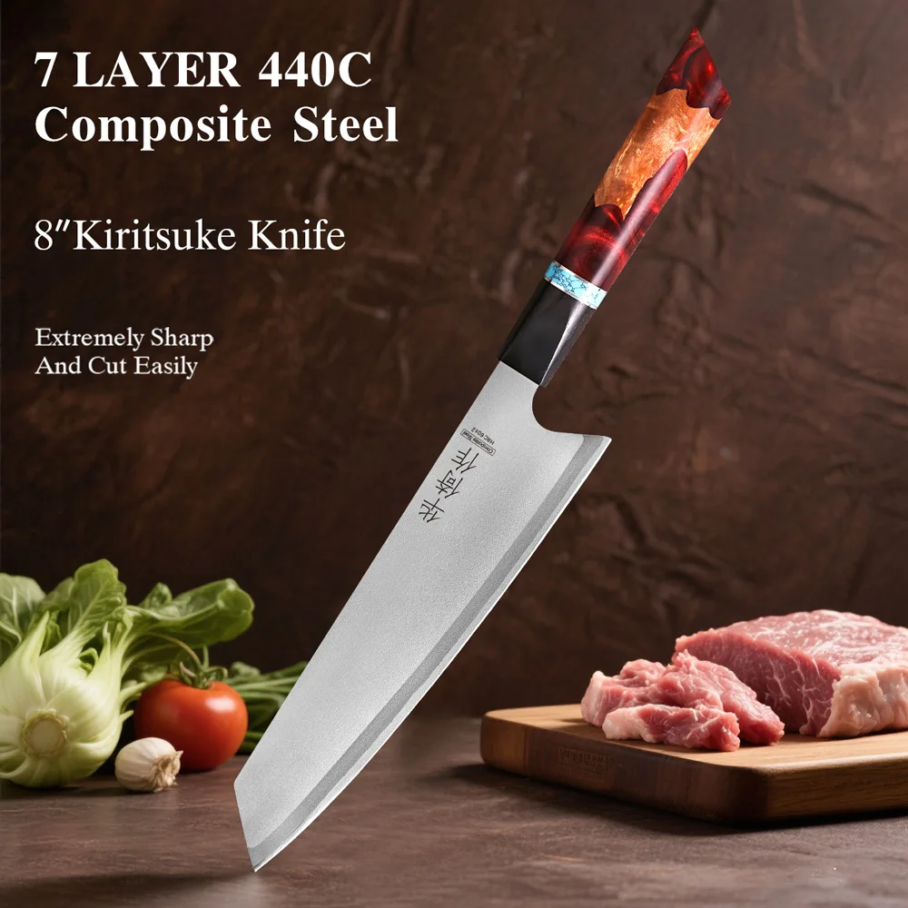 

8-inch Japanese Kiritsuke Knife 440c Composite Steel Kitchen Sharp Cut Meat Vegetable Cleaver Handmade Professional Chef Knives