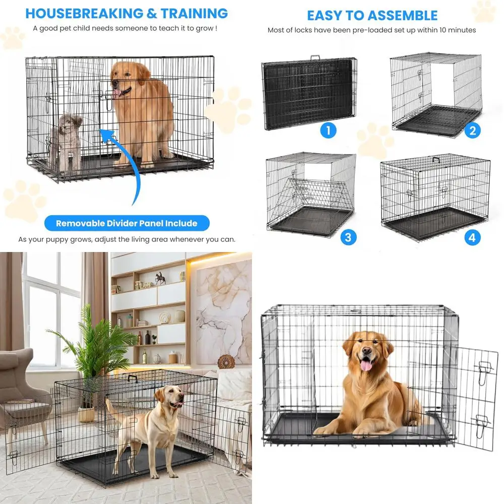 

Металлический вольер для собак с двойной дверью, разделителем и герметичным поддоном, подходит для использования в помещении, на улице и в путешествиях