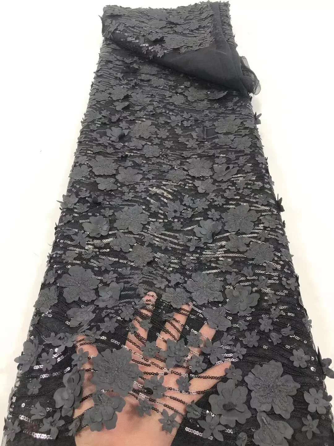 

High Quality African Lace Fabric Hand-Made French Net Embroidery 3d Sequins Tulle Lace Fabric For Nigerian Party Dress