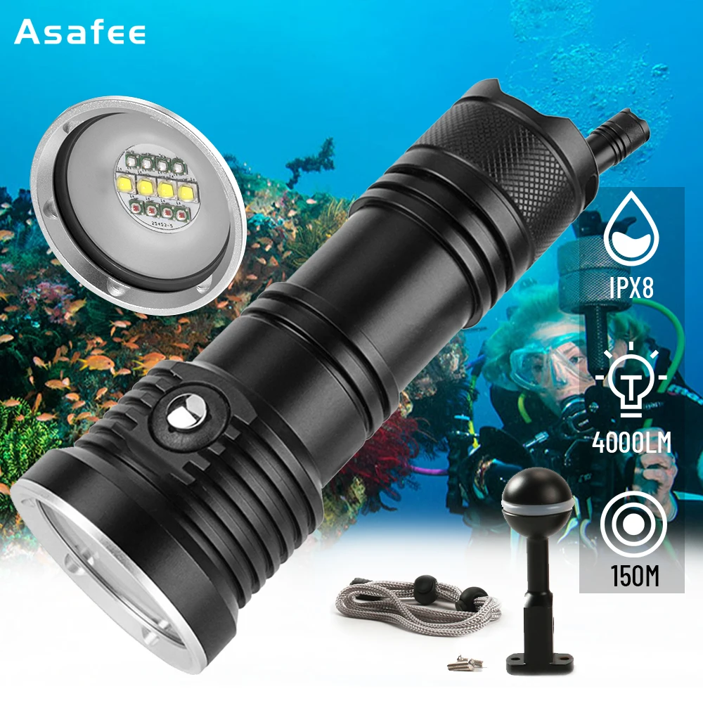 Asafee DR01 2000LM Diving Flashlight UV Red L2 LED IP68 Underwater Video Light Scuba Dive Torch Diving Photo Flashlight