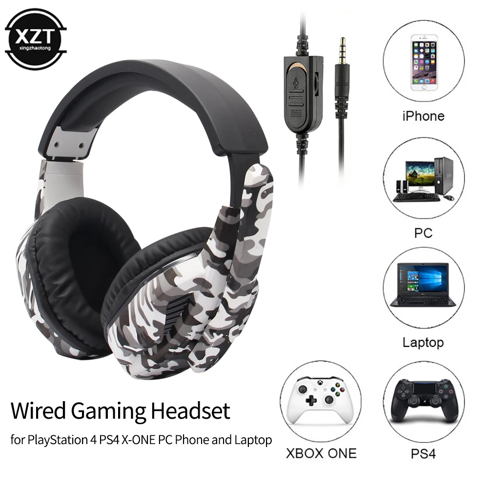 Gamingowy zestaw słuchawkowy kamuflażu 3.5mm AUX Jack słuchawki przewodowe Gamer fajna słuchawki z mikrofonem do gry dla PS4 Xbox One PC telefon