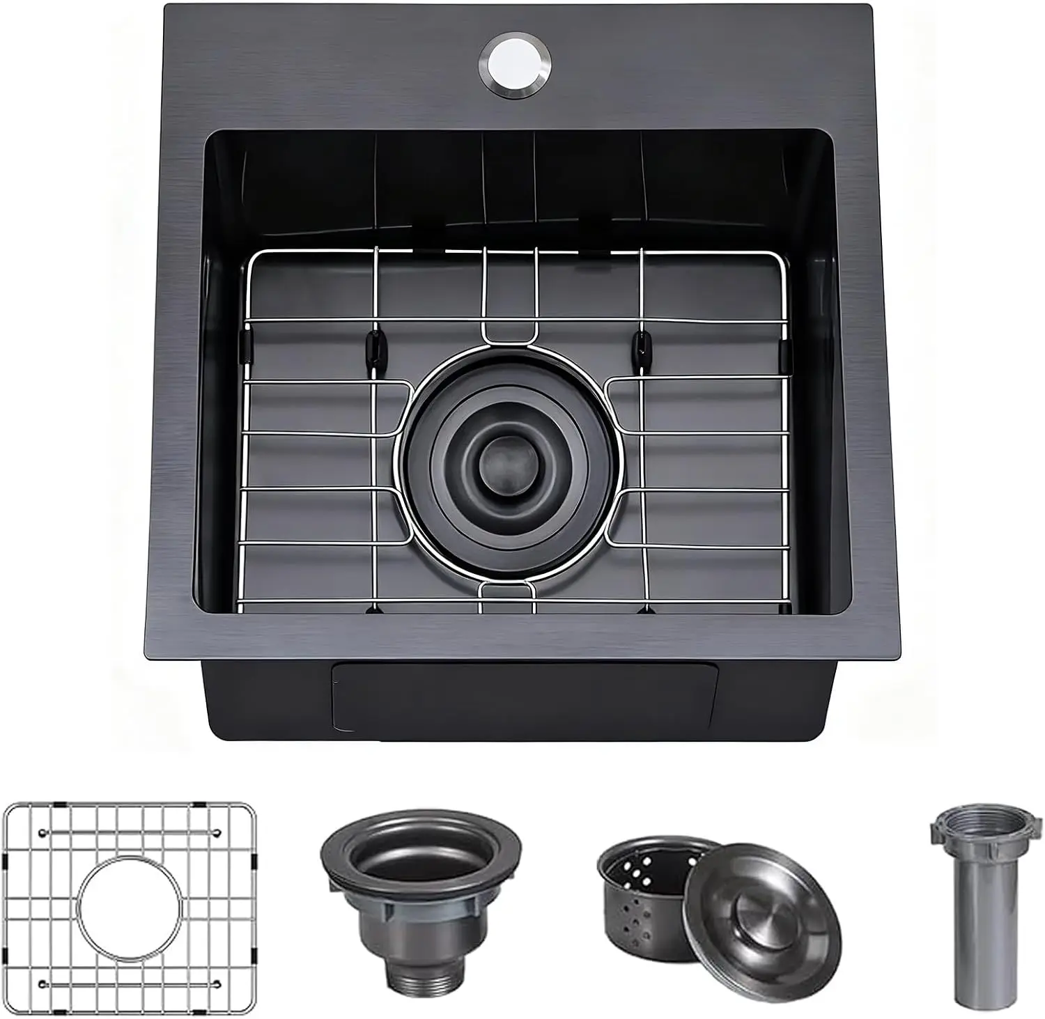 

Встраиваемая черная мойка для бара 15x15 дюймов, из нержавеющей стали 16 калибра, для наружной установки на кухню автофургона, с решеткой для посуды и сливом