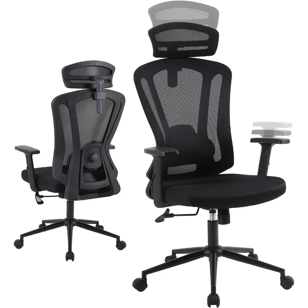 High Back Desk Chair with Adjustable Lumbar Support,2D Armrest and Headrest,Black Mesh Computer Gaming Chair with Tilt Function