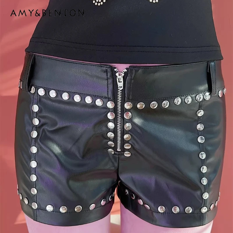 Shorts en cuir PU polyvalents pour femmes, style original européen et américain, Y2K, fille branchée, punk, sous-culture rétro, rivets