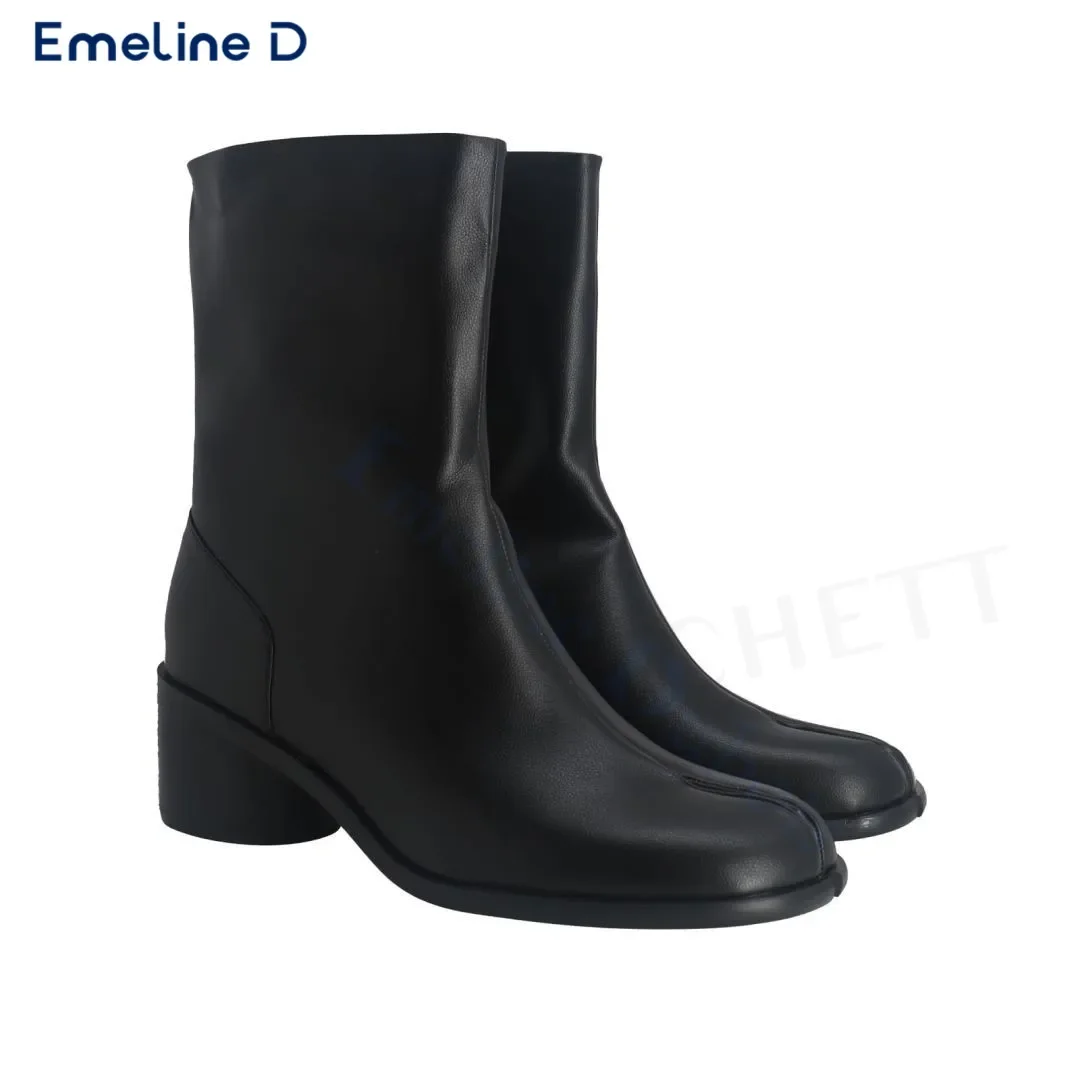 Solid Color Simple Pull-On Tabi Boots Round Heel Fashionable Trend Black Split Toe Boots Stylish Casual Designer Calf Boots