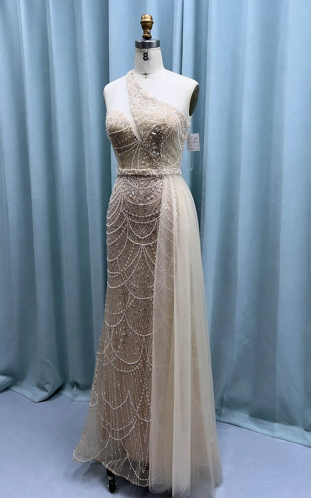 YQLNNE Fashion Nude One Shoulder Prom Dresses Long Beading Formal Evening Party Gown Sleeveless Robe De Soiree