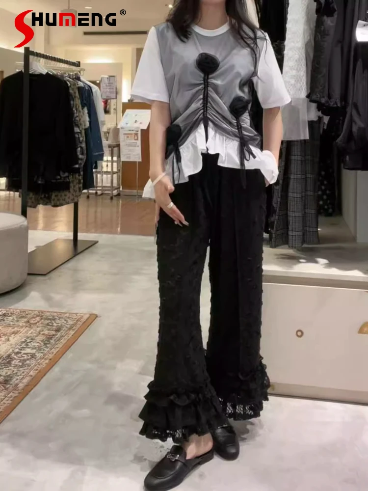 

2025 New Japanese Style Sweet Rose Lace Embroidery Slim Flared Pants for Girls and Women Fashion Versatile Casual Loose Pants