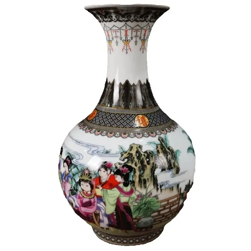 

Chinese Old Porcelain Enameled Yellow Lady Flat Belly Vase Hand-Painted Decorative Antique Ceramic Collectible for Home Decor