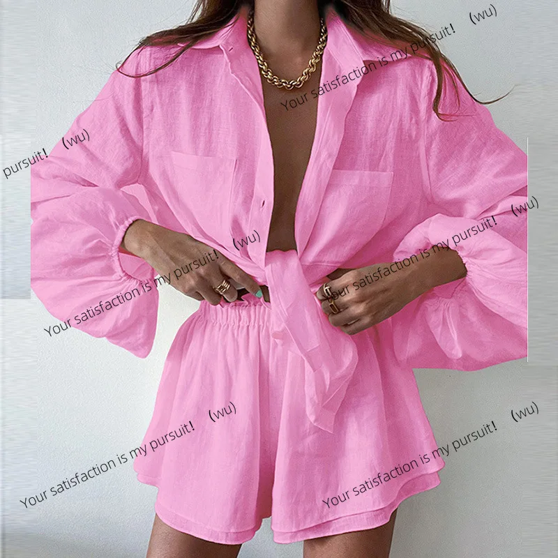 

ZOCI-Women's casual solid color ruffle edge shorts shirt fashion suit women's two-piece set