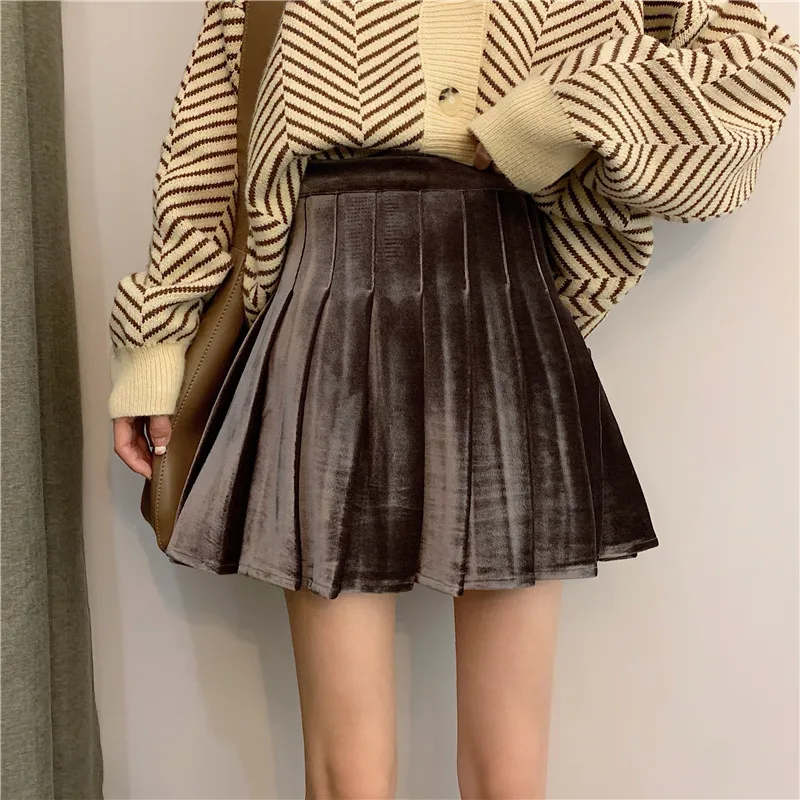 Gold Velvet Black Short Skirt Female Autumn and Winter Wear 2022 New High Waist Skirt All-match A-line Pleated Skirt