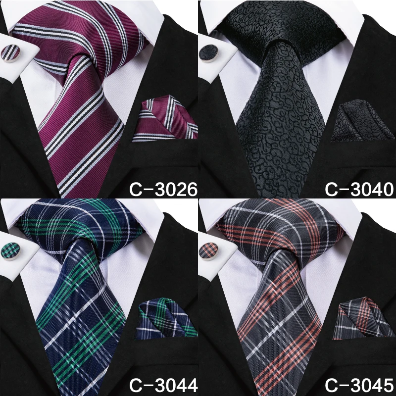 C-3014 Hi-Tie Men Tie Silk Necktie Plaid Brown Ties for Men High Quality Hanky Cufflinks Set Men\'s Wedding Pocket Square Tie Set