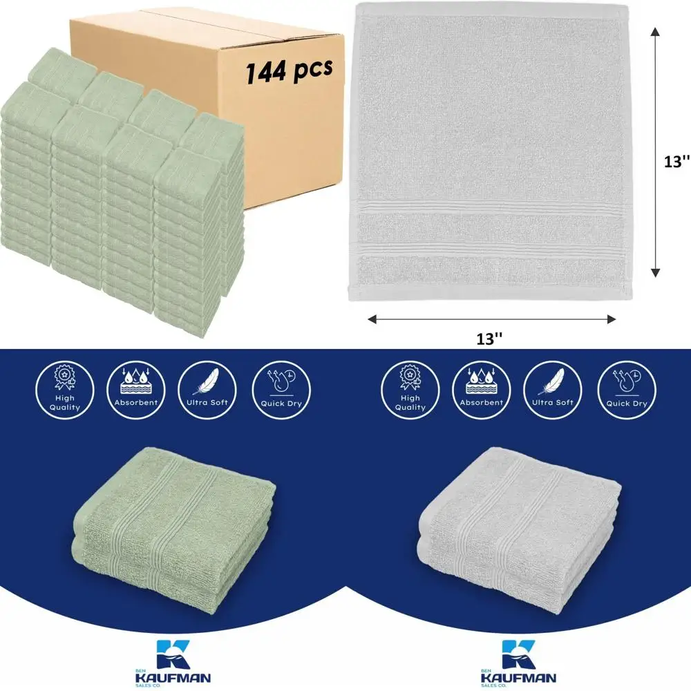 

100% Cotton Washcloth Set, 144 Pieces, 13x13 Inches, Ring Spun, Absorbent, Durable, Soft Feel, Premium Quality Towels