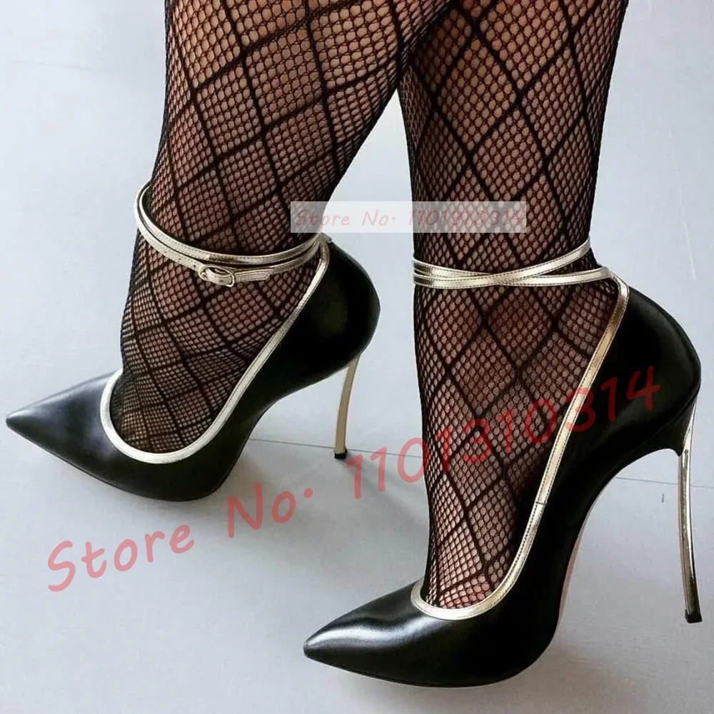 

Босоножки на каблуке с металлическим лезвием, женские черные туфли-лодочки на высоком каблуке с золотой отделкой и ремешком на щиколотке, стильные повседневные пикантные летние туфли для вечеринок с острым носком