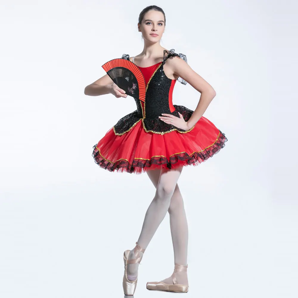 

19069 Черное балетное платье с пайетками и красным спандексовым лифом, красный фатин с черным кружевом, балетная юбка для девочек/женщин, сценическая танцевальная одежда