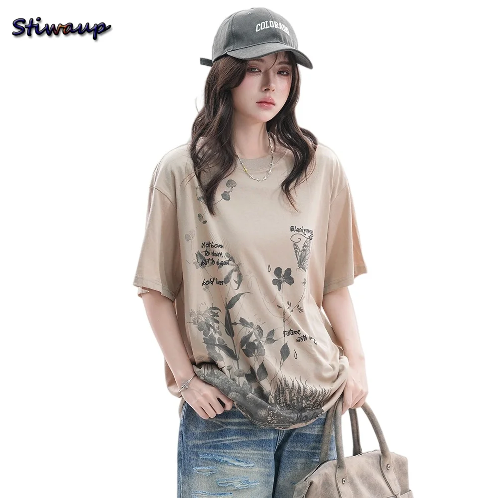 

Harajuku Fashion Tshirt Unisex Butterfly Floral Print Short Sleeves Y2k T-shirt Streetwear Loose O-neck Oversized Women T Shirts