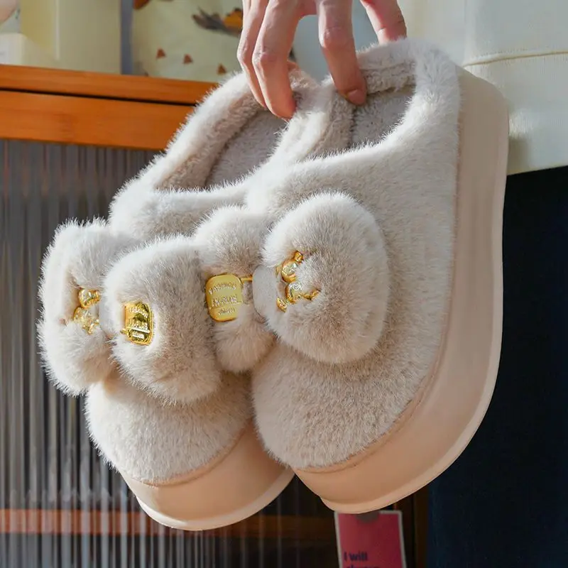 

new arrival fall winter Women bow slippers thick sole soft fuzzy slipper woman fluffy fashion metal house slipper ladies shoes