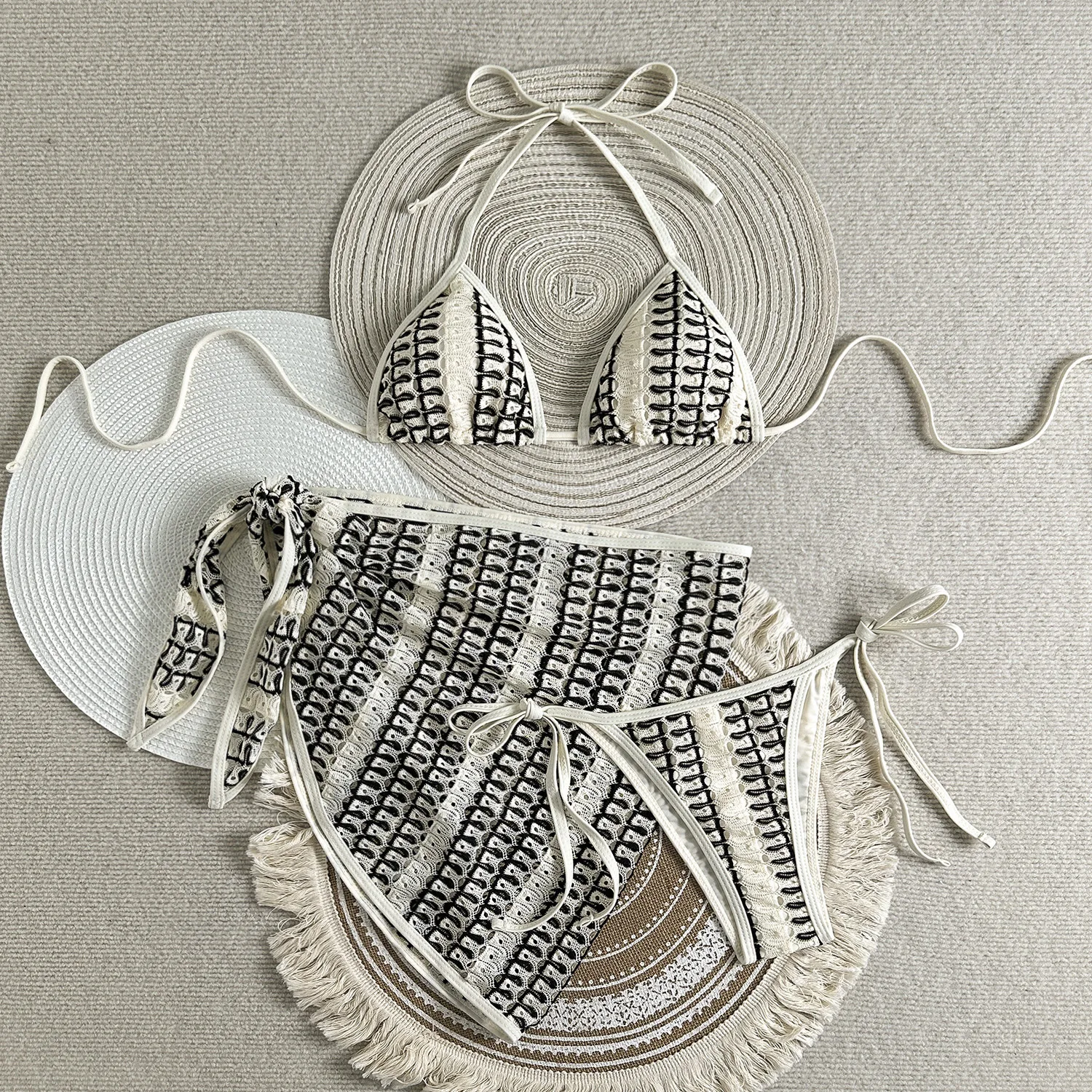 Sexy Patchwork-Mikro-Bikini-Sets, 3-teilig, mit Überzug, Rock, aushöhlen, Badebekleidung, Badeanzug, Strand-Outfits, Badeanzüge, Biquini, Tankini