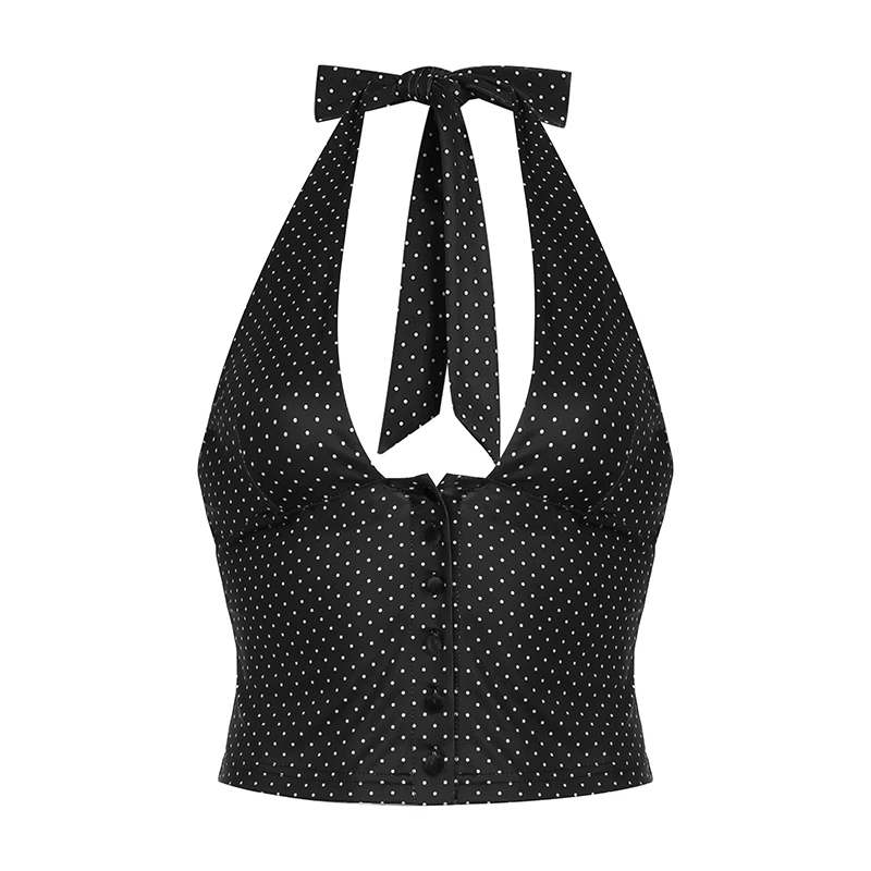 HEYounGIRL Polka Dot Print Halter V Neck Camisole Sexy Backless Skinny Black Button Up Tank Top Fashion Street Outfits Elegant