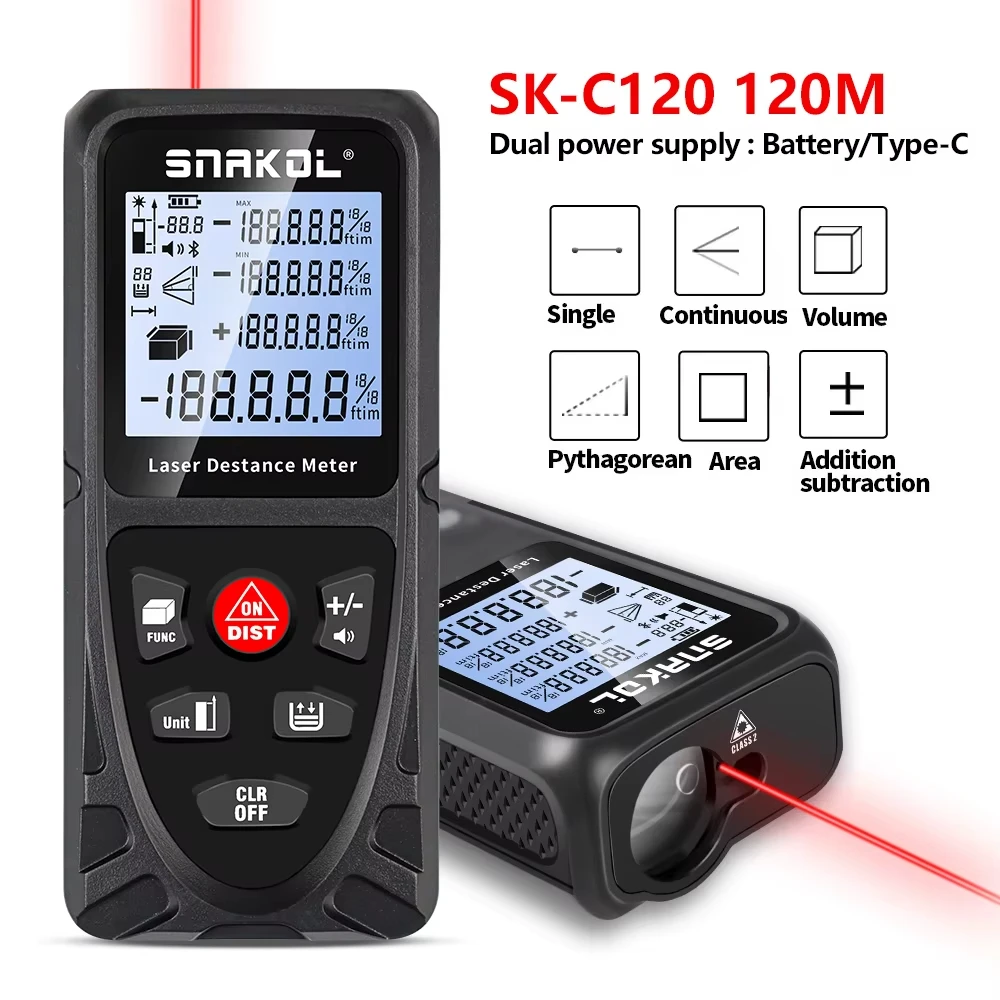 Dalmierz laserowy Snakol 50M 70M 100M 120M Profesjonalny cyfrowy miernik odległości, miarka laserowa z funkcją ładowania USB