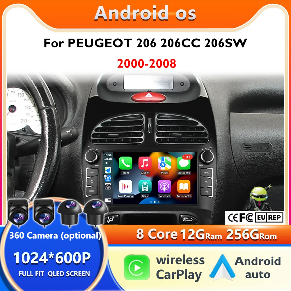 Reproductor Multimedia para Auto con Pantalla Táctil de 7 Pulgadas, Android 16, Carplay, para PEUGEOT 206 206CC 206SW 2000-2008, Navegación, Wifi