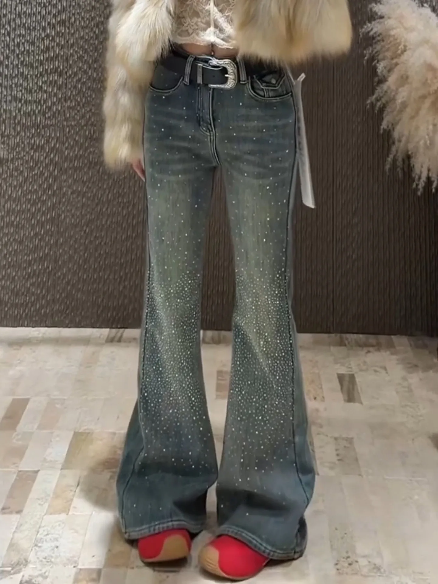 Women's Y2k Flared Jeans Harajuku Vintage Rhinestone Denim Trousers Japanese 2000s Style Jeans Long Pants Clothes