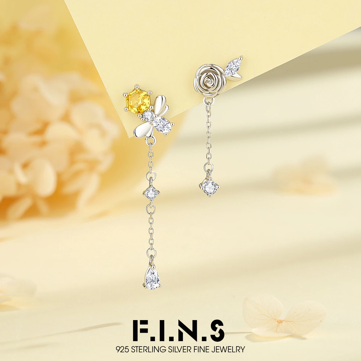F.I.N.S Original Rose Honey Bee S925 Sterling Silver Earrings for Women Fashion Asymmetrical Long Fringe Ear Pieced Fine Jewelry