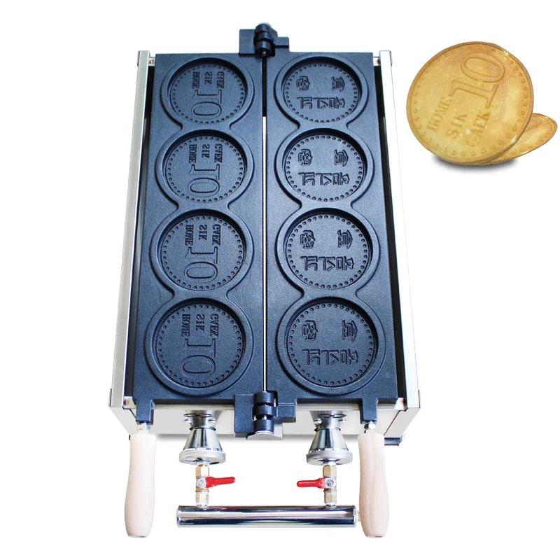 

Commercial 4 Hole Gas Gold Coin Bread Machine Round Korean Gold waffle maker Coin Shape Biscuits Waffle Pie Baking Machine