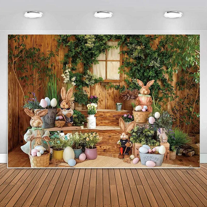 Easter Photography Backdrop Garden Wooden House Window Rabbit Floral Flower Eggs Newborn Children Banner Decoration Background