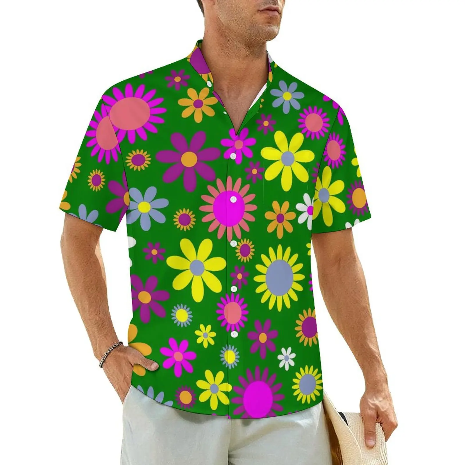 Flower power praia camisa masculina brilhante floral elegante camisas casuais havaianas manga curta harajuku blusas de grandes dimensões ideia de presente