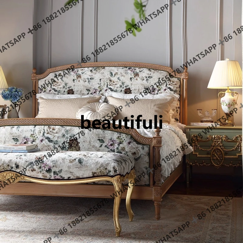 

French light luxury solid wood carving flower retro fabric bed European large flat master bedroom princess bed SE2