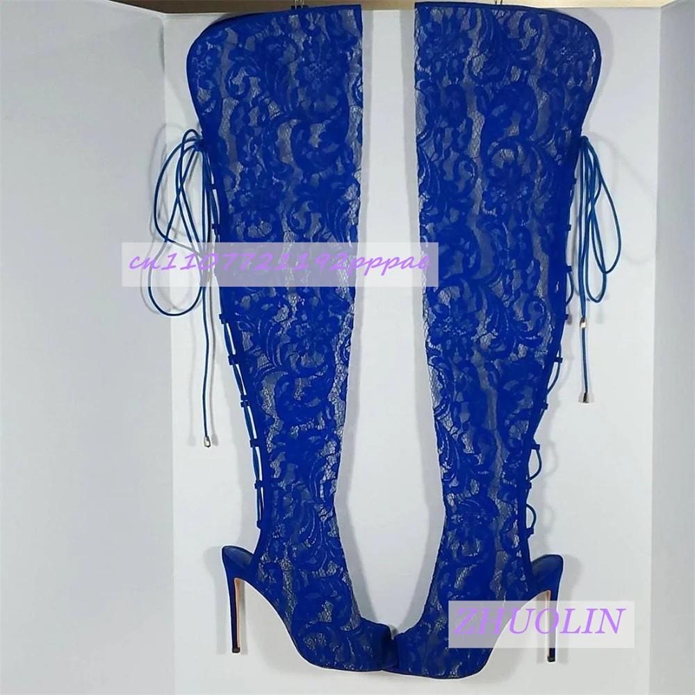 

Летние кружевные дышащие сандалии выше колена, женские синие туфли на высоком каблуке со шнуровкой и открытым носком, модные вечерние туфли для ночных клубов 46