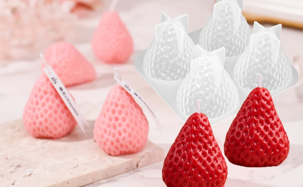 3D Erdbeer-Silikonform, 4-fach Erdbeer-Duftkerzen-Seifen-Fondant-Form, Frucht-Epoxidharz-Gießform S M L – Detail 6