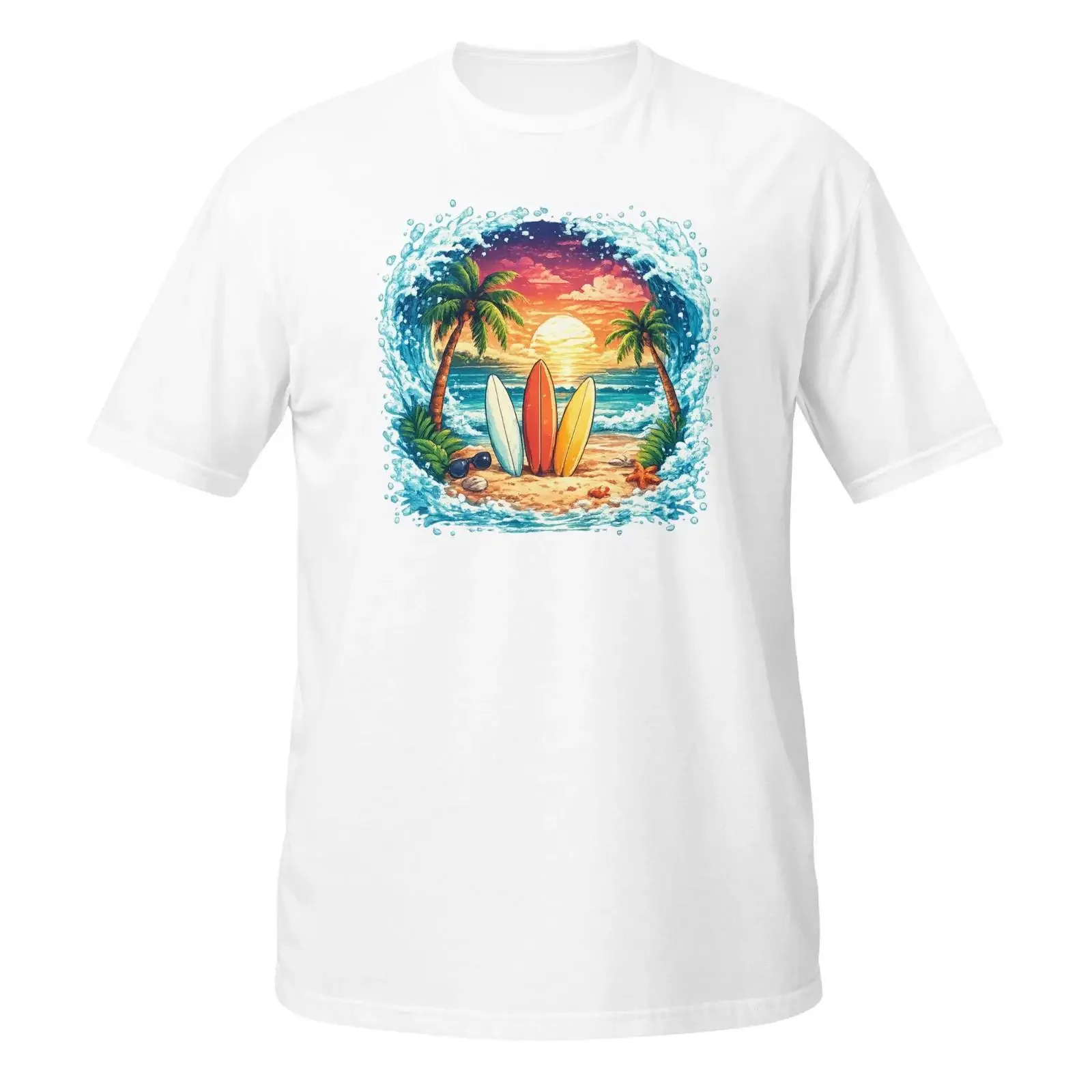 Surf Beach Sunset T Shirt Tropical Palm Tree Ocean Wave Surfboard Summer Vacation Streetwear vintage Washed