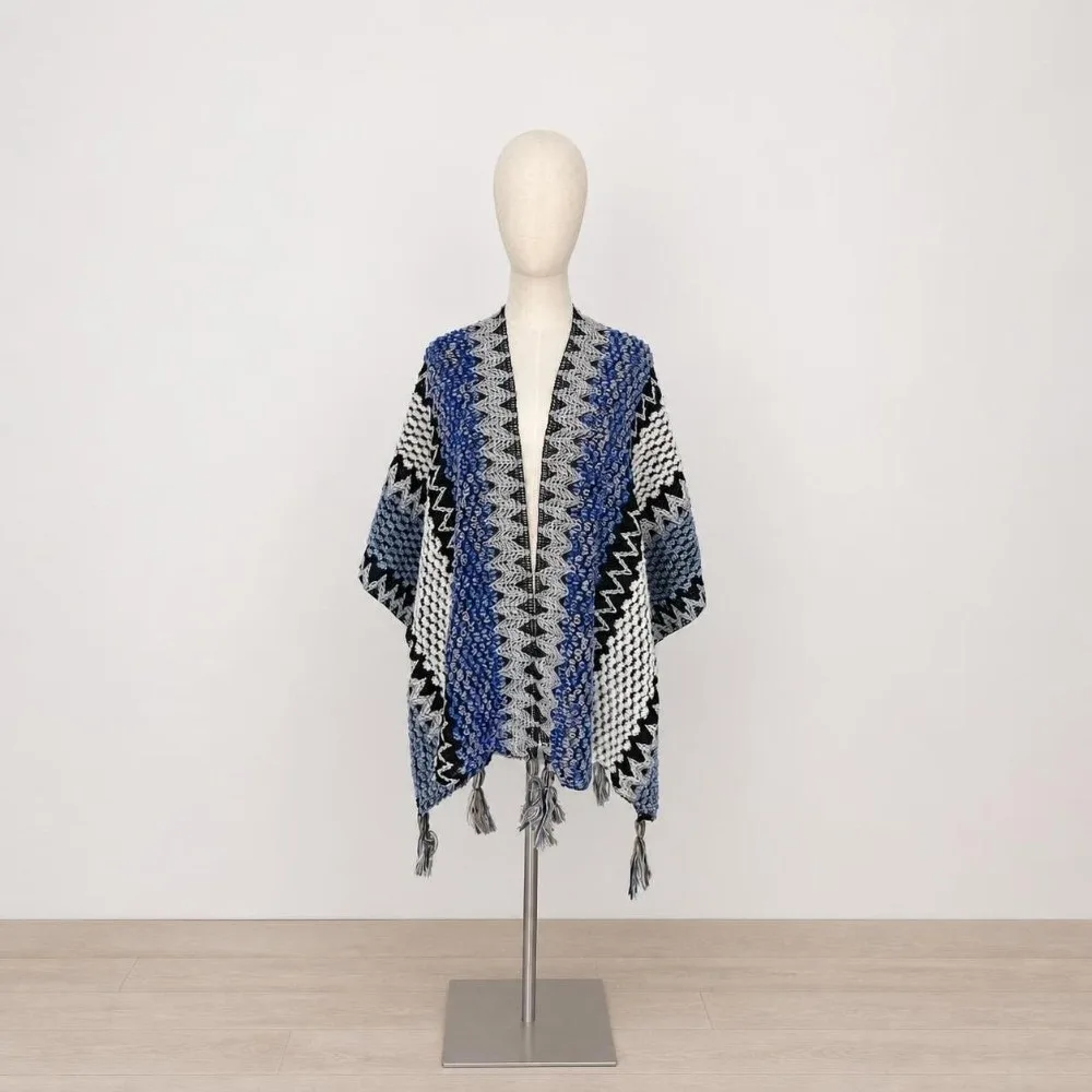 Striped Pattern Knit Poncho Cape Ethnic Print Oversized Shawl Wrap Cardigan Warm Long Tassel Tassel Knit Shawl Daily Outfit