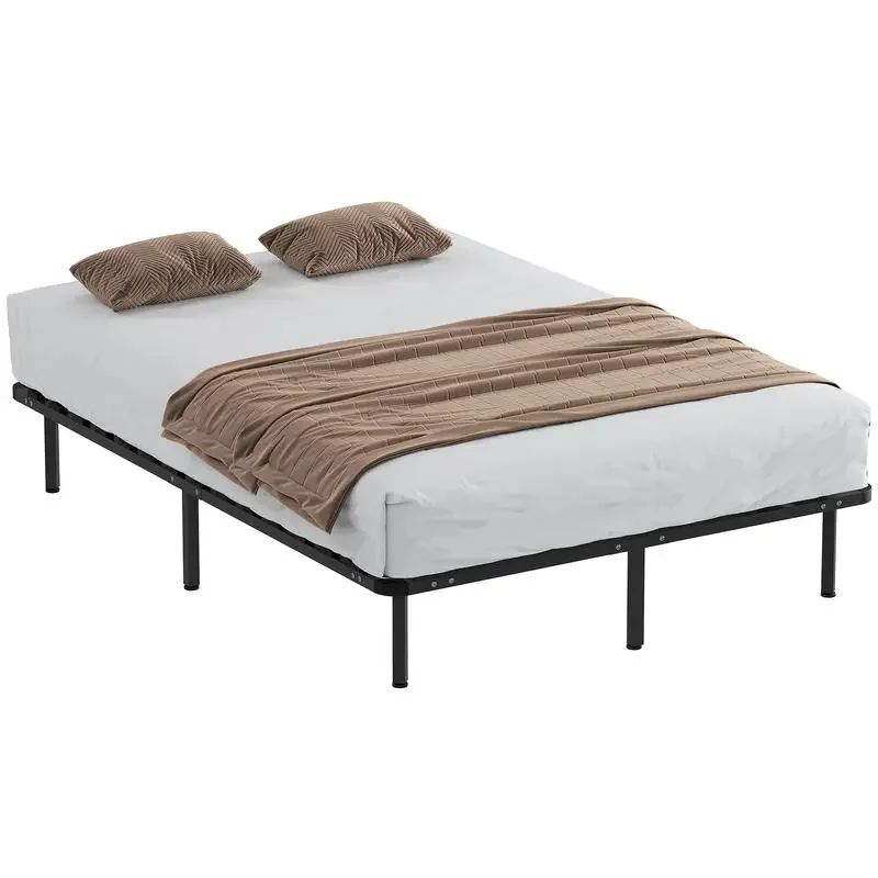 Cadre de lit 140 x 190 cm, lit 2 places en bois massif avec sommier à lattes et pieds, rangement en dessous, noir