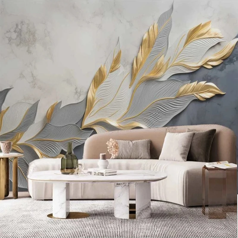Custom Large Size Modern Cement Gray Background Wall 3D Golden Leaf Feather Flower Painting Mural Canvas for Living Room Decor