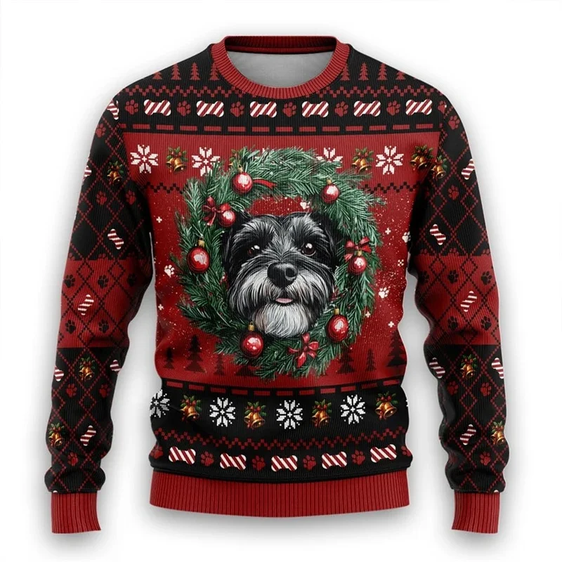 Cute Dog Ugly Christmas Sweater Wreath Graphic Sweatshirt Pomeranian Doberman Pullover Men Casual Holiday Top
