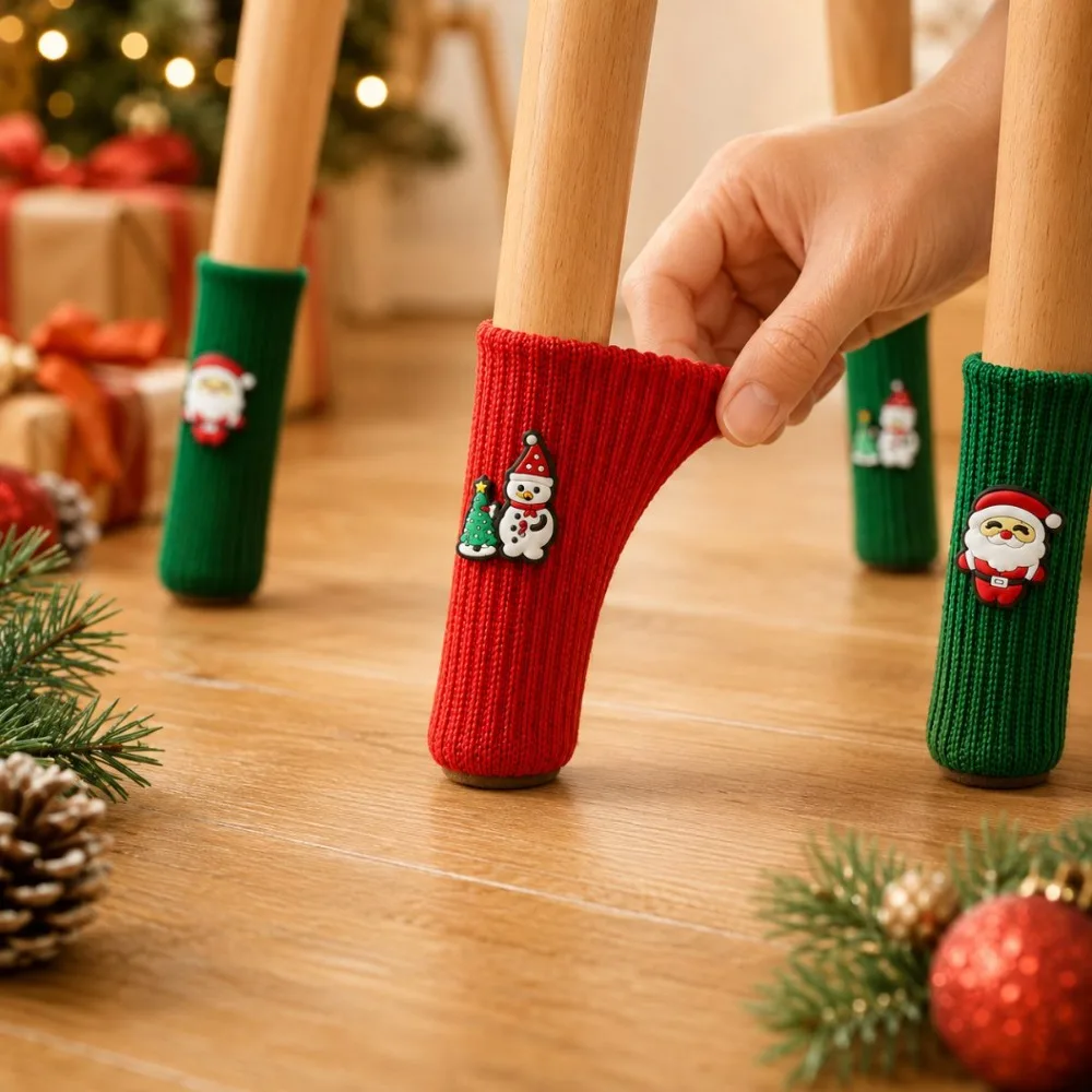 16 Pcs Snowman Santa Claus Pattern Christmas Chair Leg Cover Knitted Non-slip Table Foot Pad Cover Wear-resistant Elastic