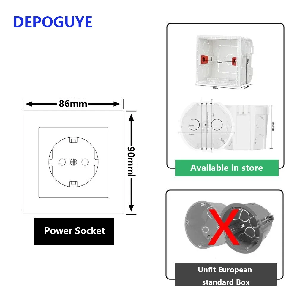 Depoguye Black EU standard electrical wall adapter charging German plug socket power Outlet, 16A, PC panel, home bedroom socket