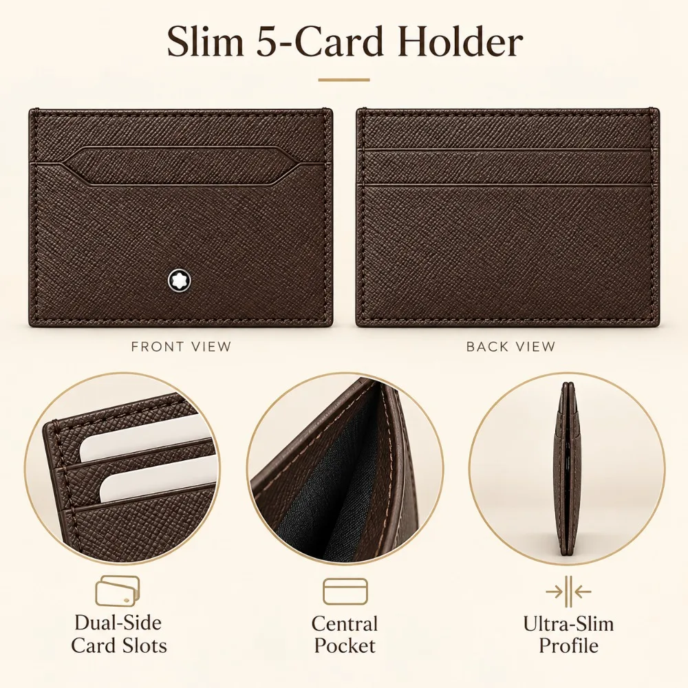 Luxury Men's Card Holder High Quality Genuine Leather 5 Card Slots Slim Business Brown Wallet Pocket Organizer Men Travel Daily