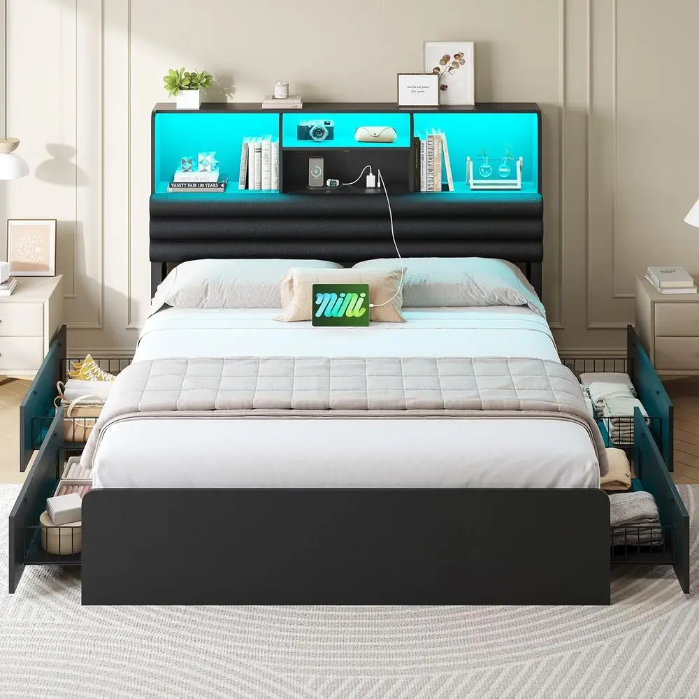 

Кровать размера Queen с мягким изголовьем, скрытым хранилищем, 4 ящиками, зарядной станцией, светодиодной подсветкой, металлическими ламелями, без пружинного блока.