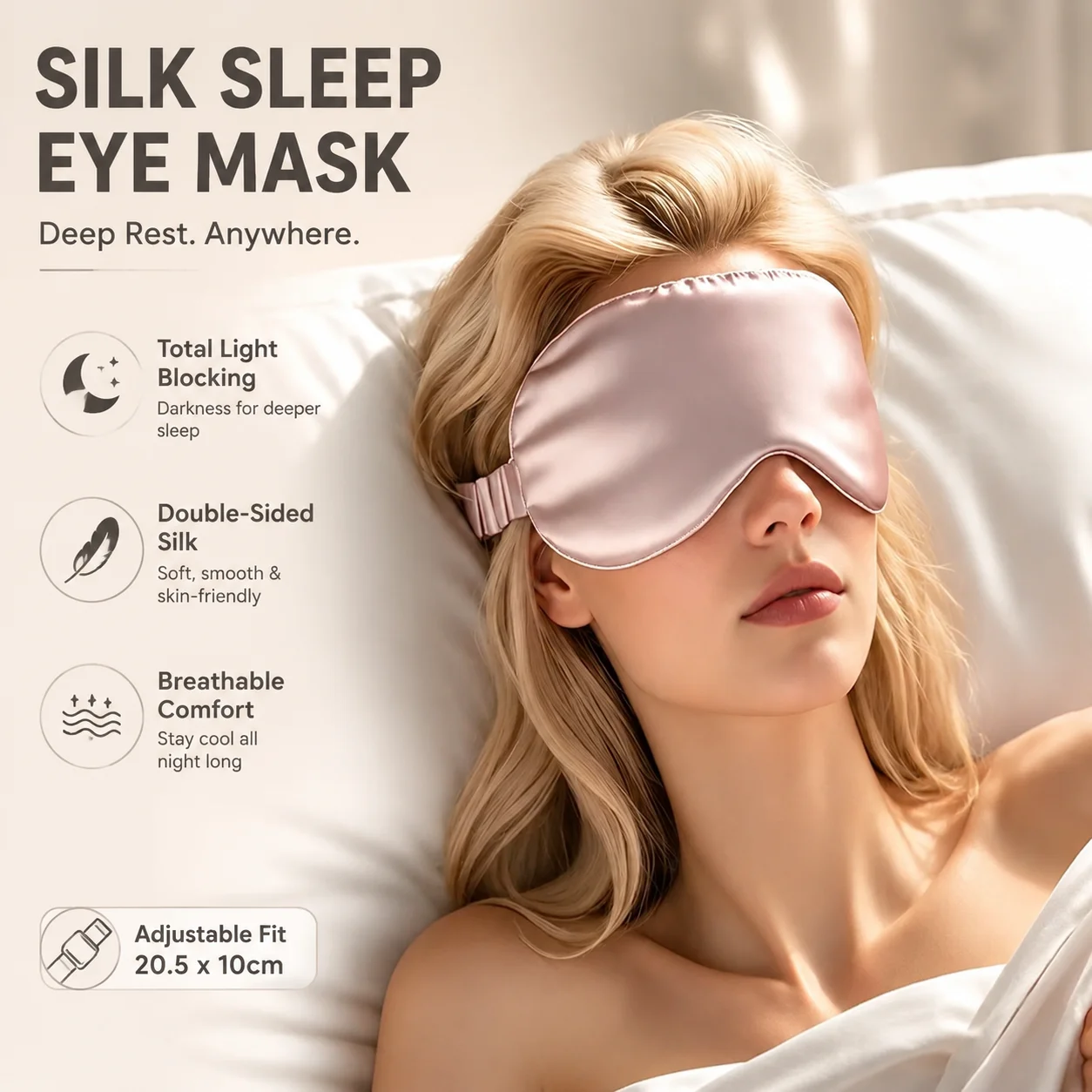 Double-Sided Silk Sleeping Eye Mask, Light Blocking Breathable Travel Eye Shield, Adjustable 20.5x10cm