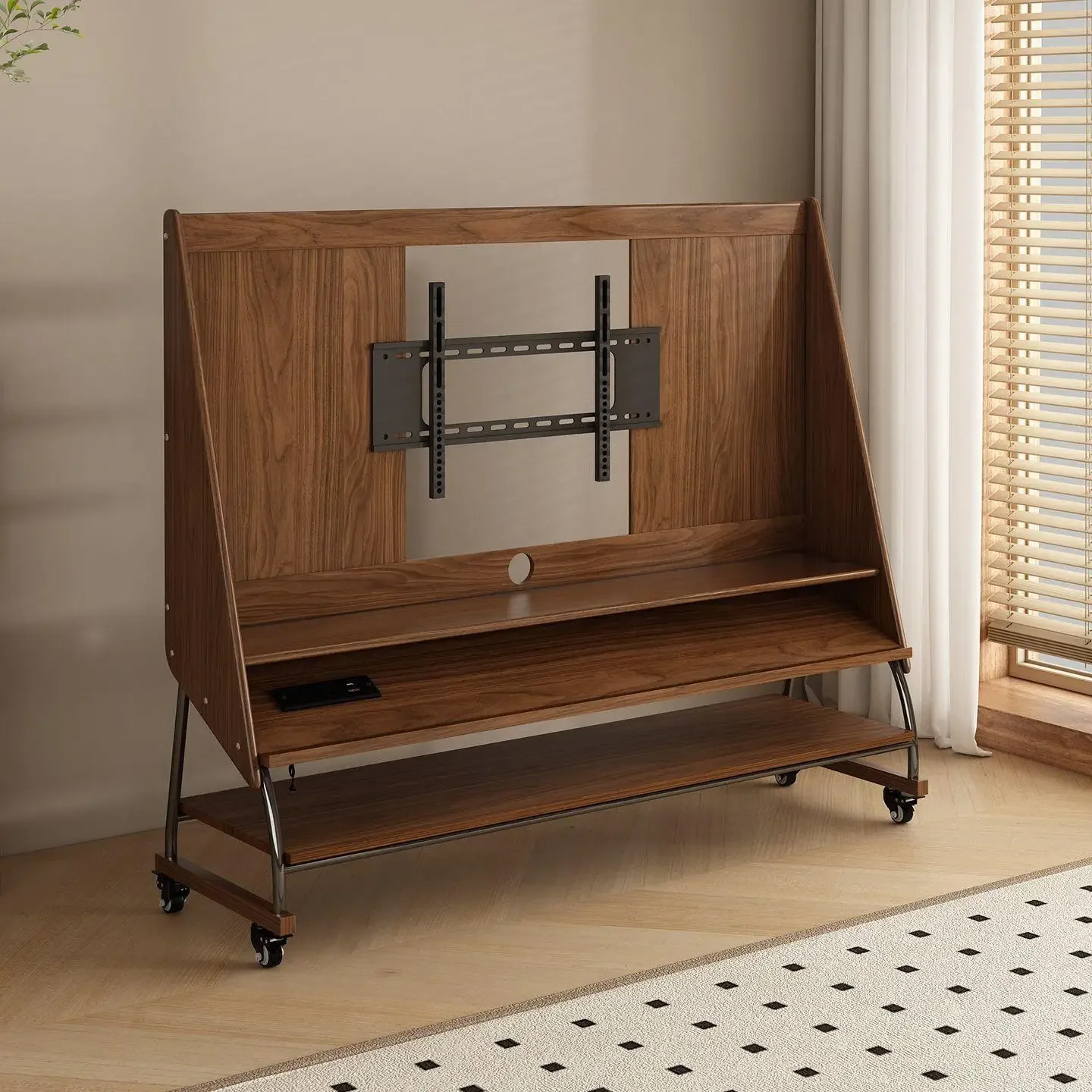 Solid wood removable TV cabinet, antique floor storage TV cabinet, small apartment living room with wheel TV bracket
