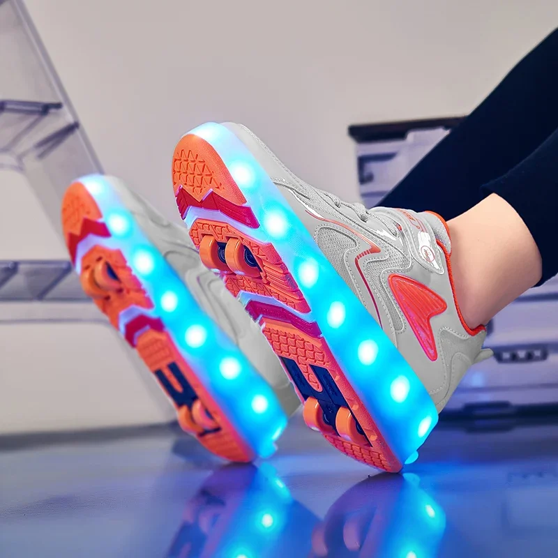 Sneakers Skate LED Shoes For Kids Boys Girls Children Light Up Sports Glowing Four Wheels Roller Luminous USB Charging Flashing