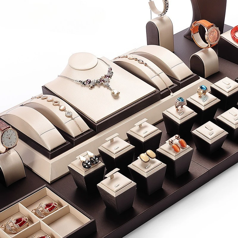 

Champagne Brushed PU Leather Jewelry Display Props Earrings Necklace Ring Bracelet Display Stand Jewelry Storage