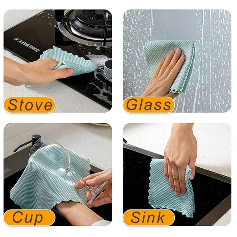 5pcs Microfiber Glass Cleaning Cloth Rag Lint-Free for Windows Car Kitchen Mirror No Trace Reusable Fish Scale Rag Polishing
