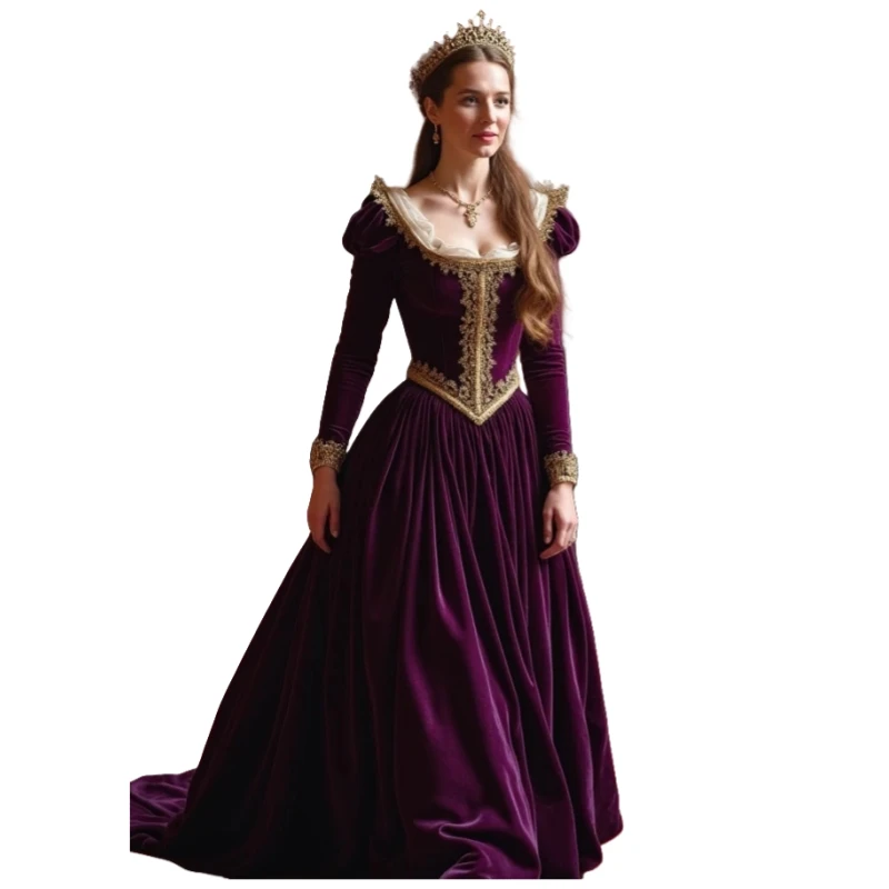 Elegantes Samt-Abendkleid mit Sweep-Zug und langen Ärmeln, A-Linie, Vintage-Kleid für formelle Anlässe, individuelles Renaissance-Kostüm