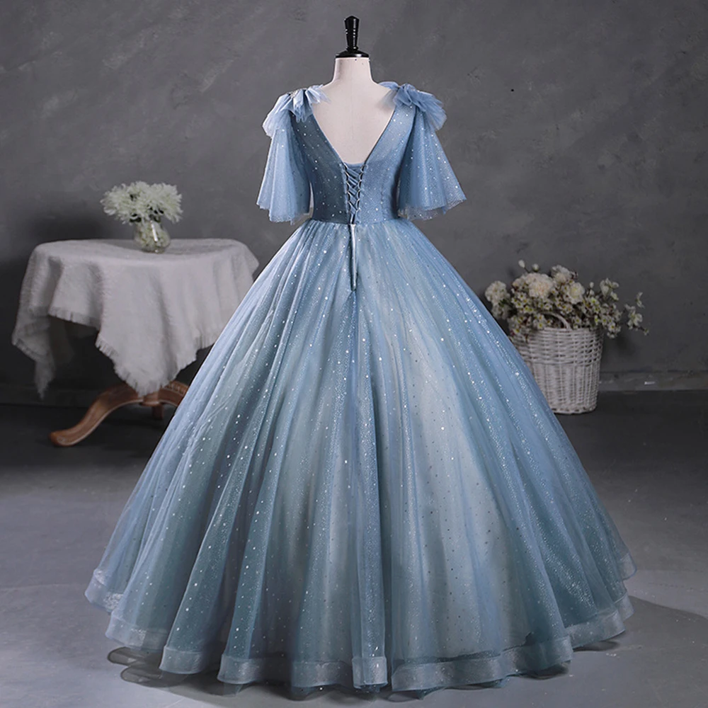 Light Luxury Blue Evening Dress Women's Elegant Flowers Applique Prom Gown Solo Performance Long A-Line Sequins Party Vestido